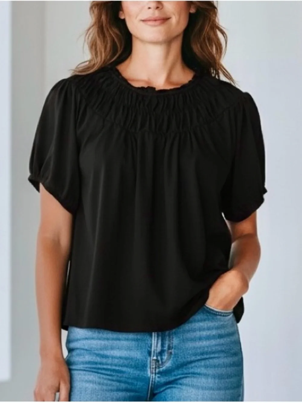 J. Crew Black Smocked Neck Short Sleeve Blouse Women’s Medium Casual, Grunge,